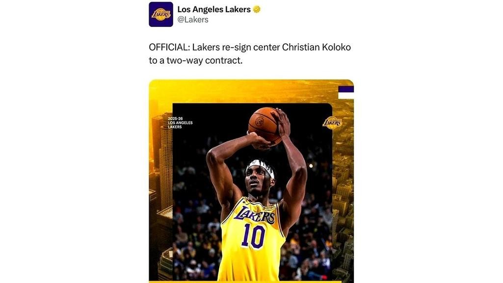 官宣:湖人双向合同签7尺中锋 新秀年场均3+3 官宣:湖人双向合同签7尺中锋 新秀年场均3+3